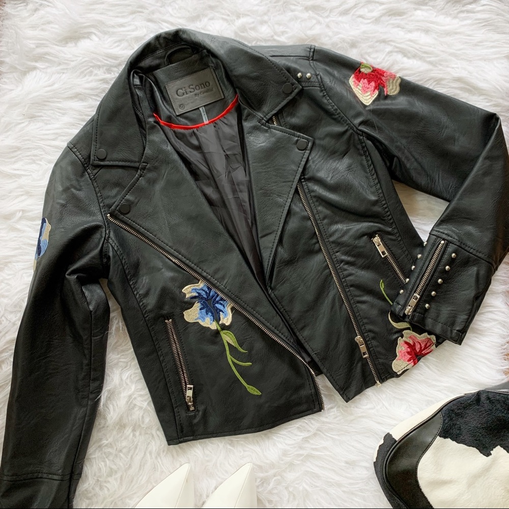 Ci Sono Black Faux Leather Embroidered Jacket